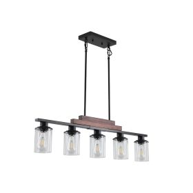 37" Farmhouse Industrial 5-Light Kitchen Island Pendant Light, Metal Wood Chandelier with Clear Glass Shades