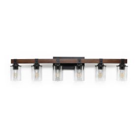 42" Rustic 6-Light Vanity Light, Industrial Bathroom Wall Sconce with Glass Shades and Wood Accent, Modern Farmhouse Lighting Fixture (No Bulbs)