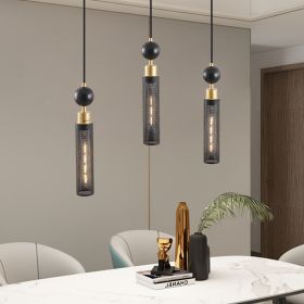 25" Modern Black and Gold 3-Light Pendant Chandelier, Adjustable Hanging Lights with Cylindrical Mesh Shades, E26 Base, Ideal for Dining Room