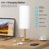 Gold Touch Lamp for Bedroom- 3 Way Dimmable Bedside Lamp USB C A Charging Ports and AC Outlet, Small Table Lamp White Linen Lampshade for Gift