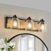 23" Farmhouse Vanity Light Fixture, 3-Light Bathroom Wall Sconce with Clear Seeded Glass Shades, Black and Wood Grain Finish