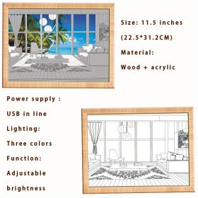 1pc Dimming 3-color Beach Sun Painting Lamp,Sketch Light. Healing Light, Bedside Bedroom Sleeping Lamp, Romantic Birthday Gift,Bedside Table Lamp (Items: A4 Seaside In-line)